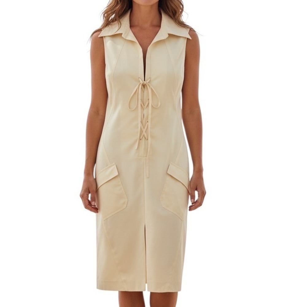 John Varvatos Y2K Cream Sleeveless Tie Front Utility Dress Safari Costal Chic XS